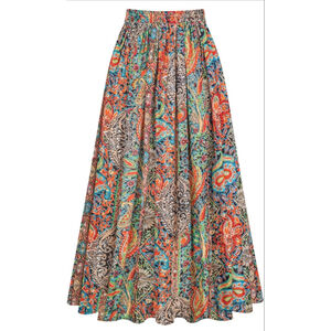 NEW Paisley Pleated Chiffon Elastic Waist Midi Skirt L